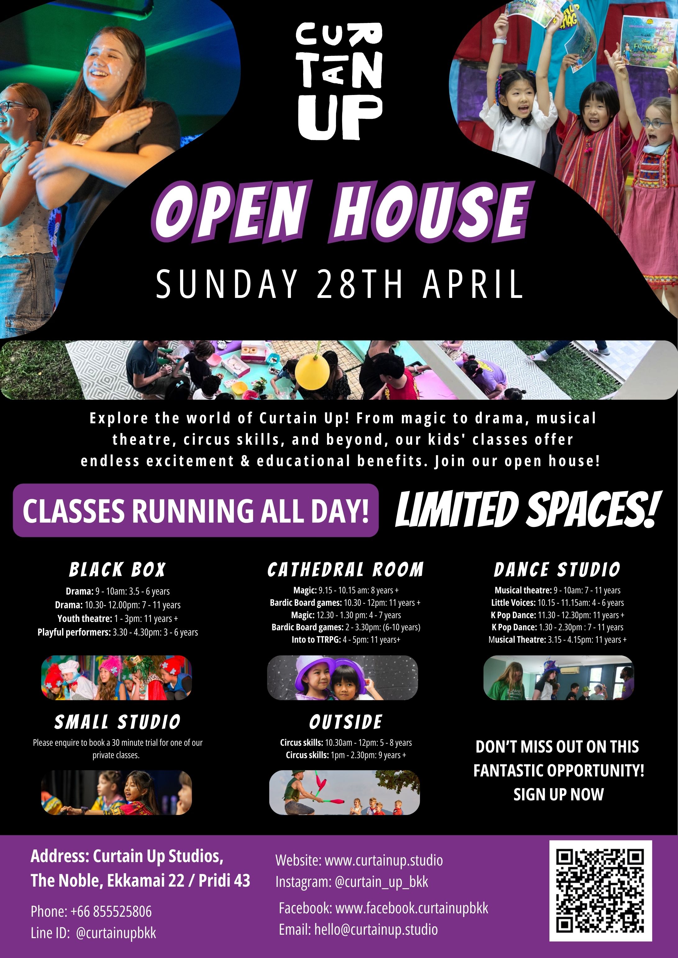 Studio open day poster with blob-shaped photos of performances and event info.