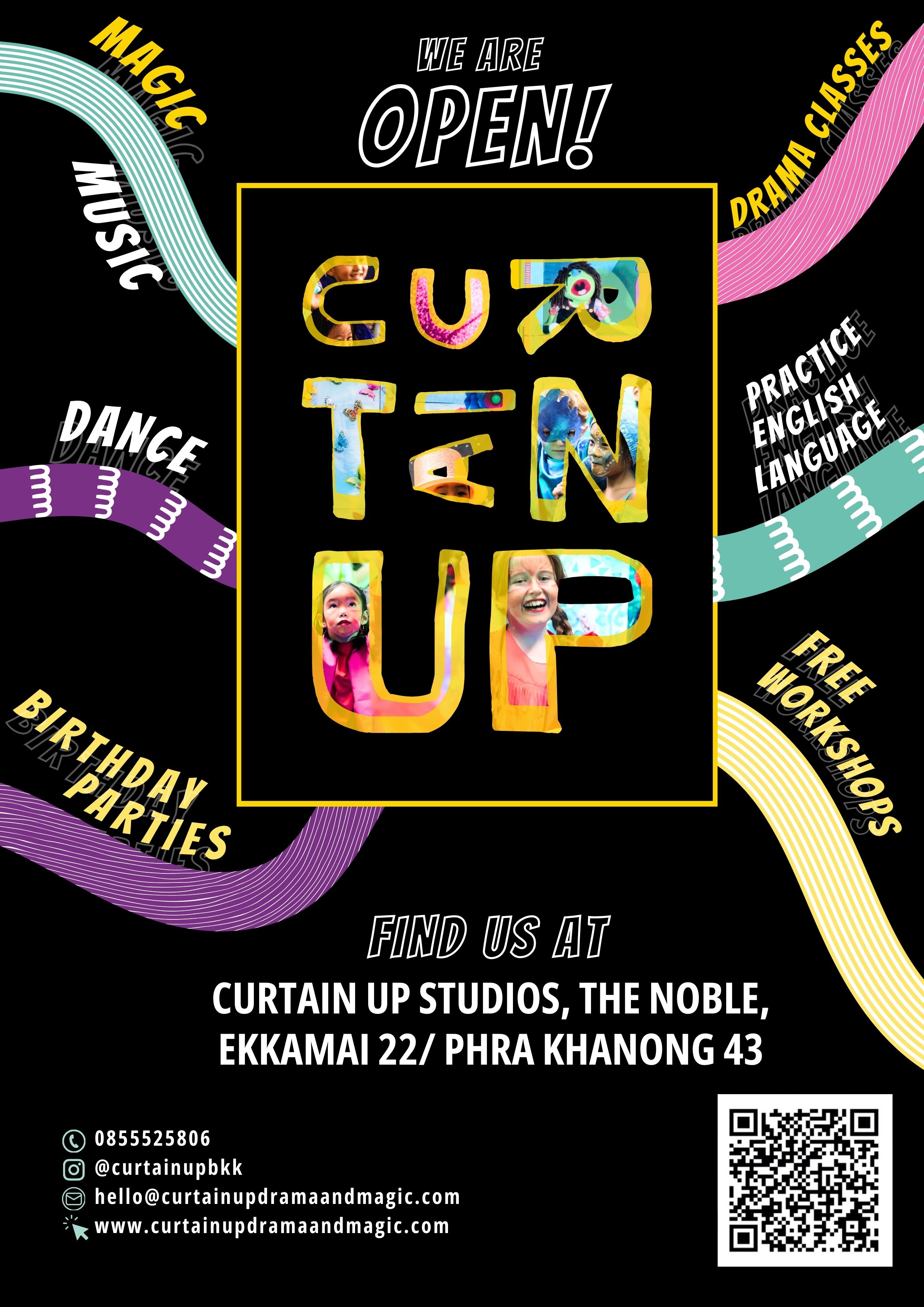 'WE ARE OPEN' poster in black & yellow with activity graphics.