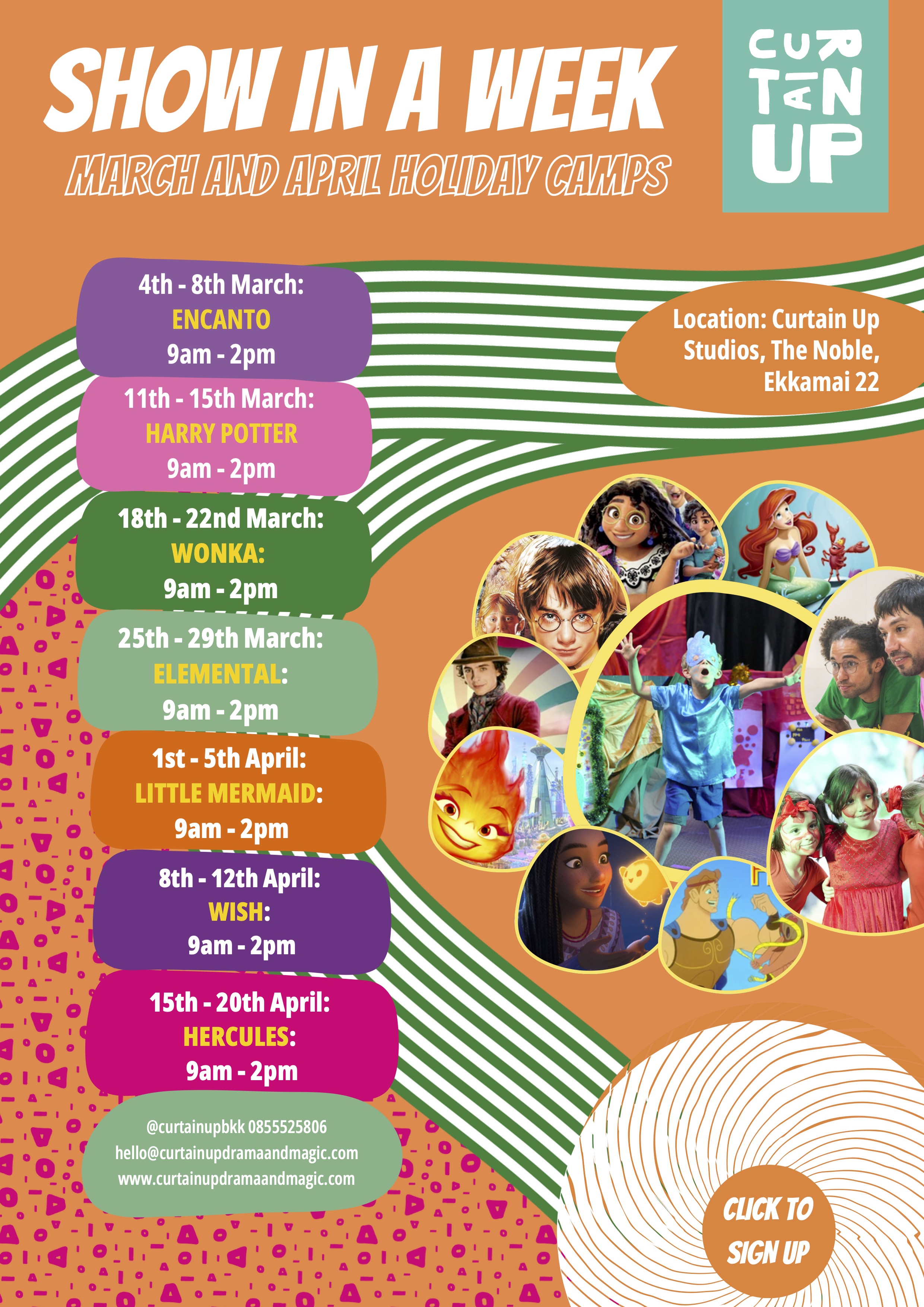 Bright orange 'Show in a Week' poster with brand stripes and photos arranged like a daisy.