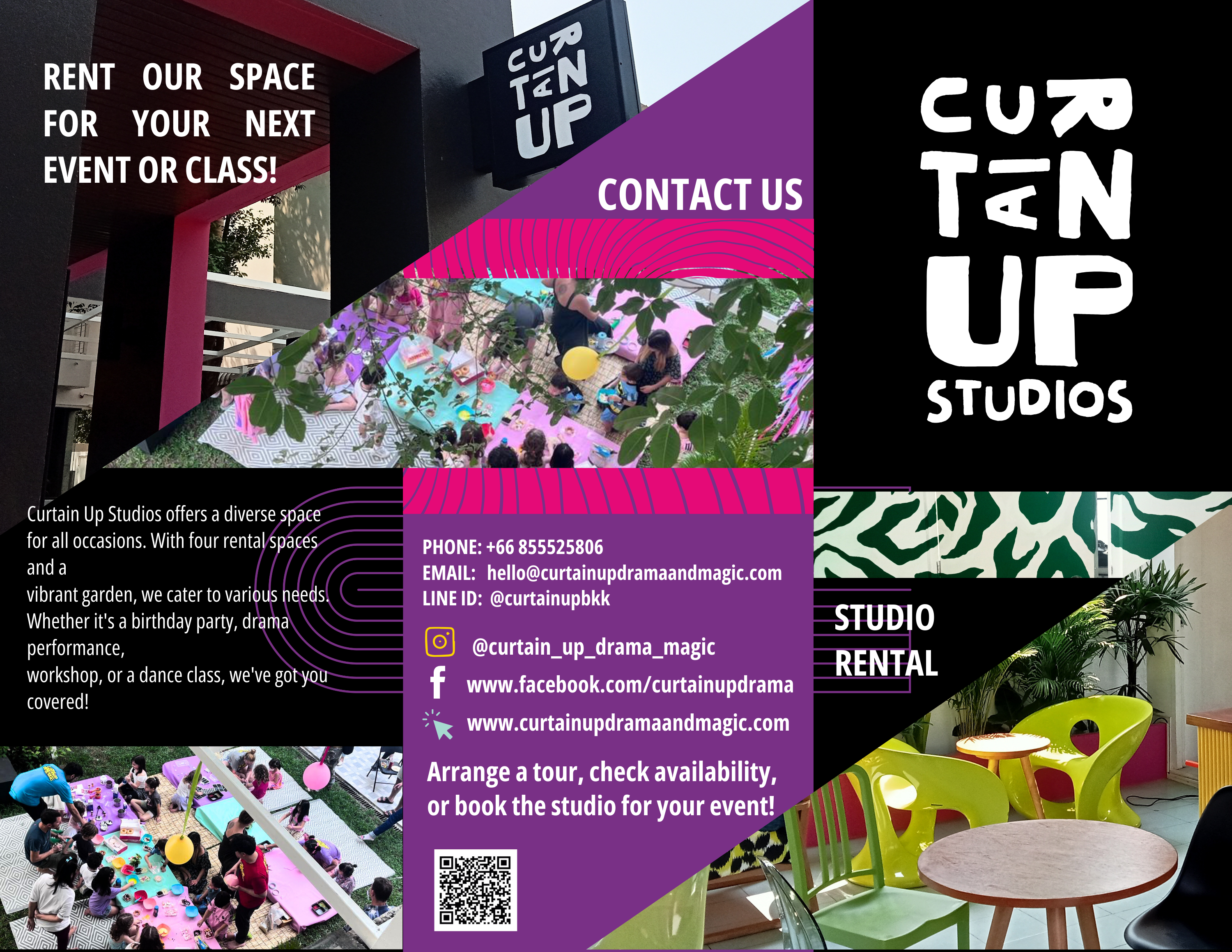 Minimal trifold promoting open studio rental, with photos of the space and contact details.