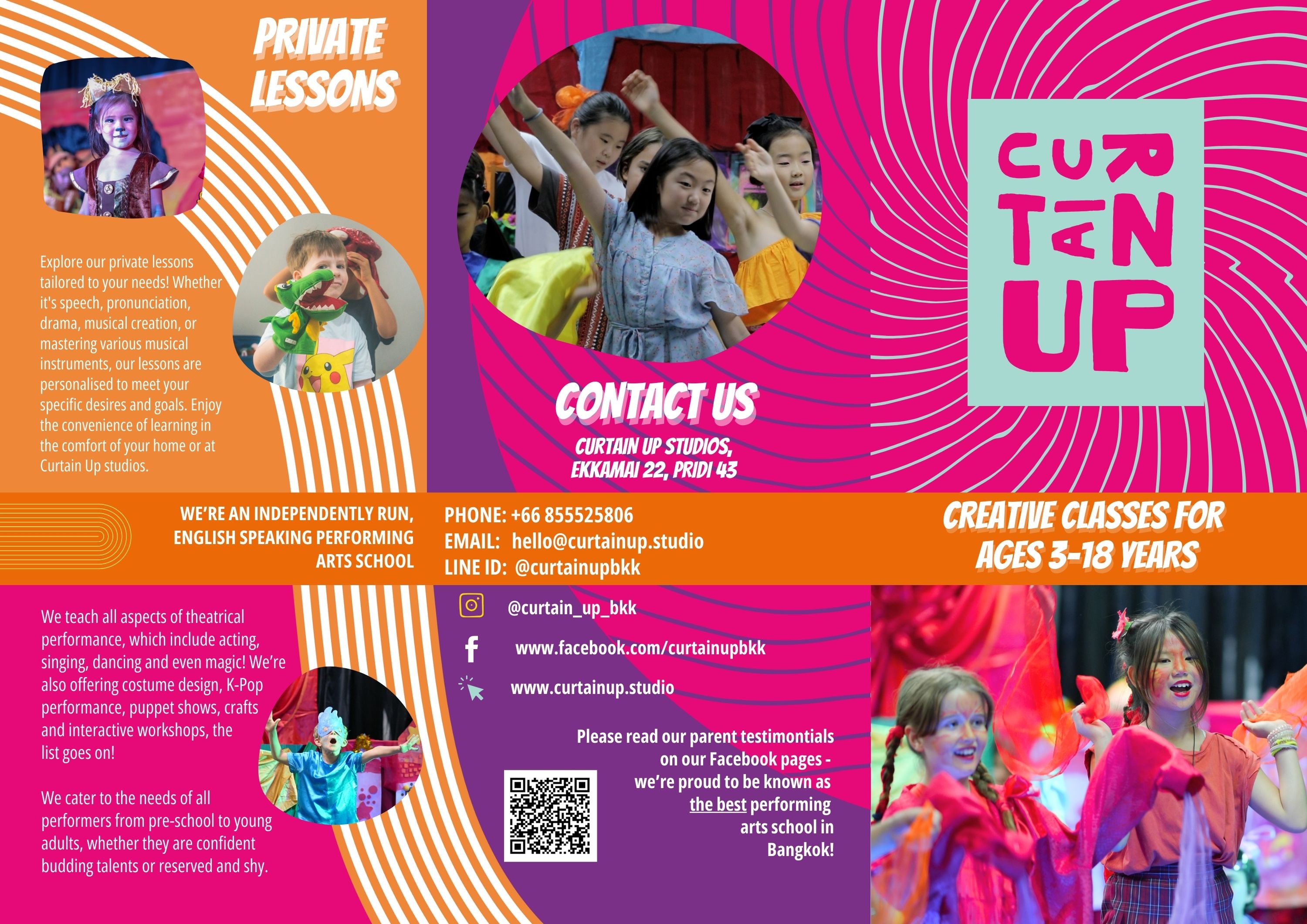 Colourful trifold for teen creative classes, with performance photos and brand graphics.