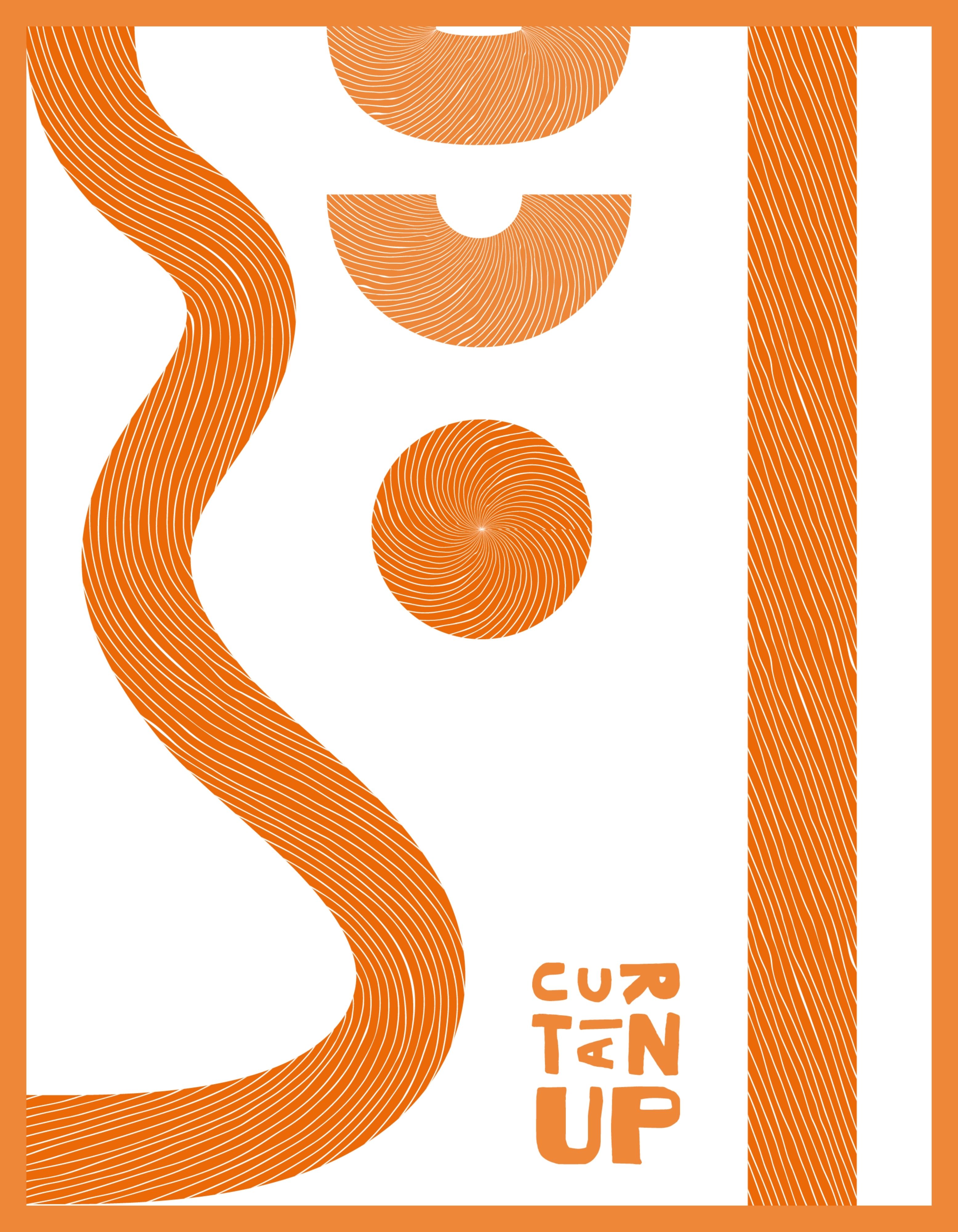 Orange t-shirt with woven line graphics and logo.