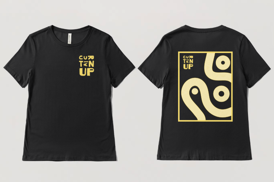 Yellow t-shirt with striped brand lines and logo.